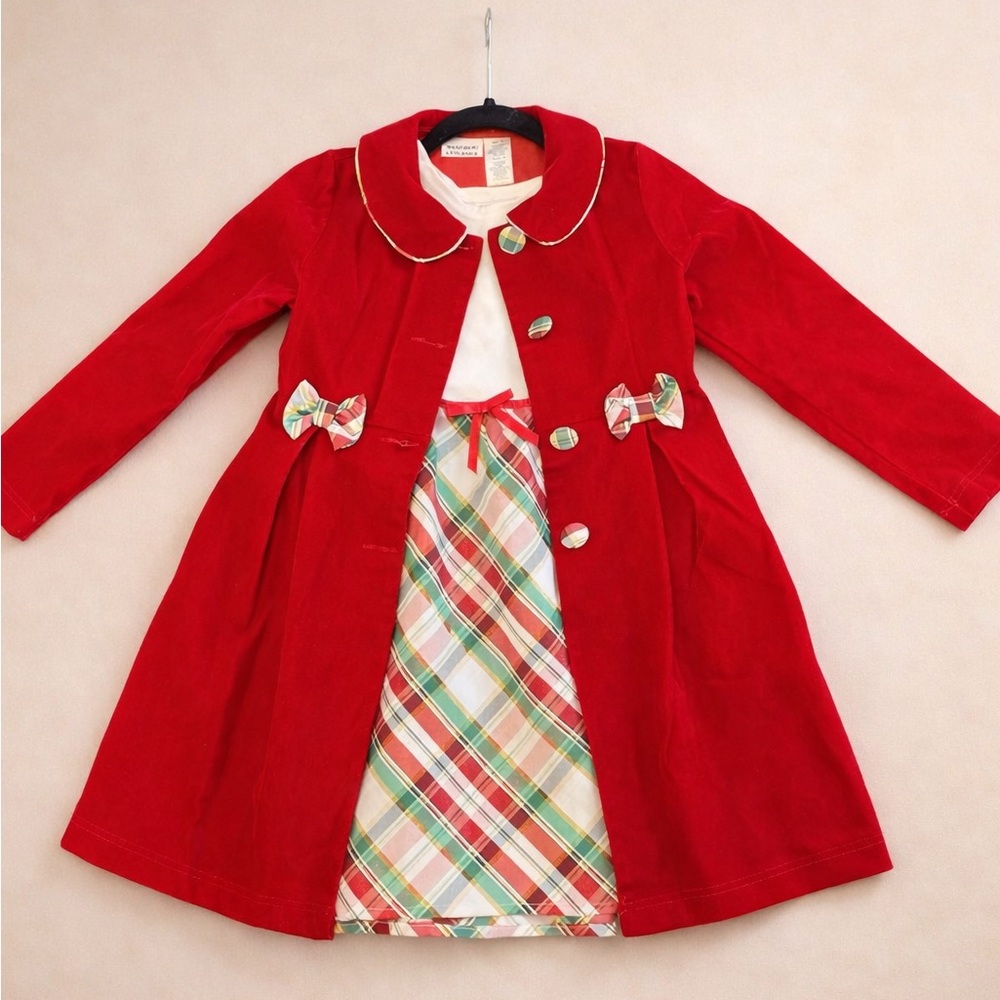 Red Girls Holiday Coat with Plaid Dress